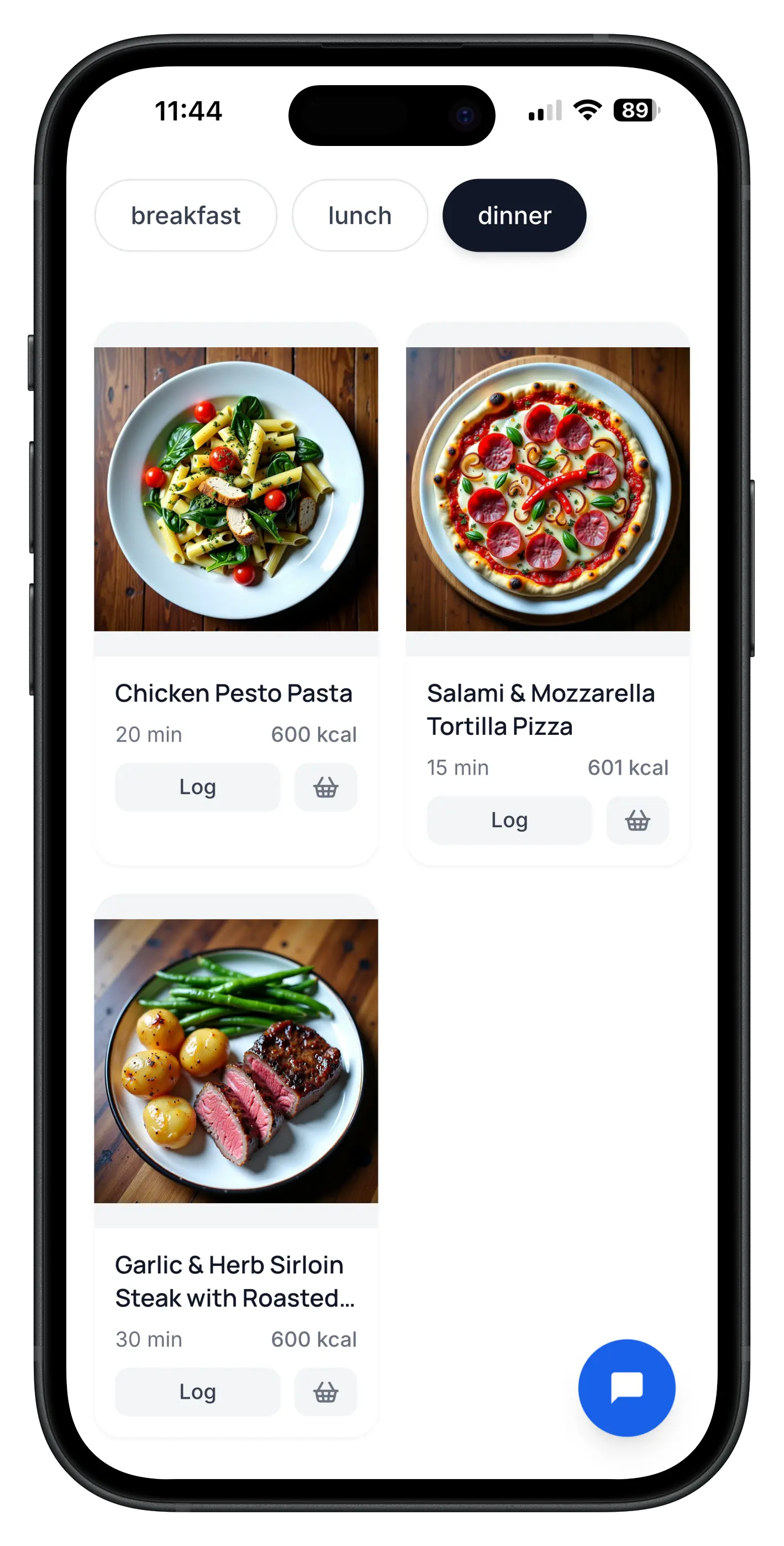 Today's meal plan with daily calories and breakfast, lunch, dinner
