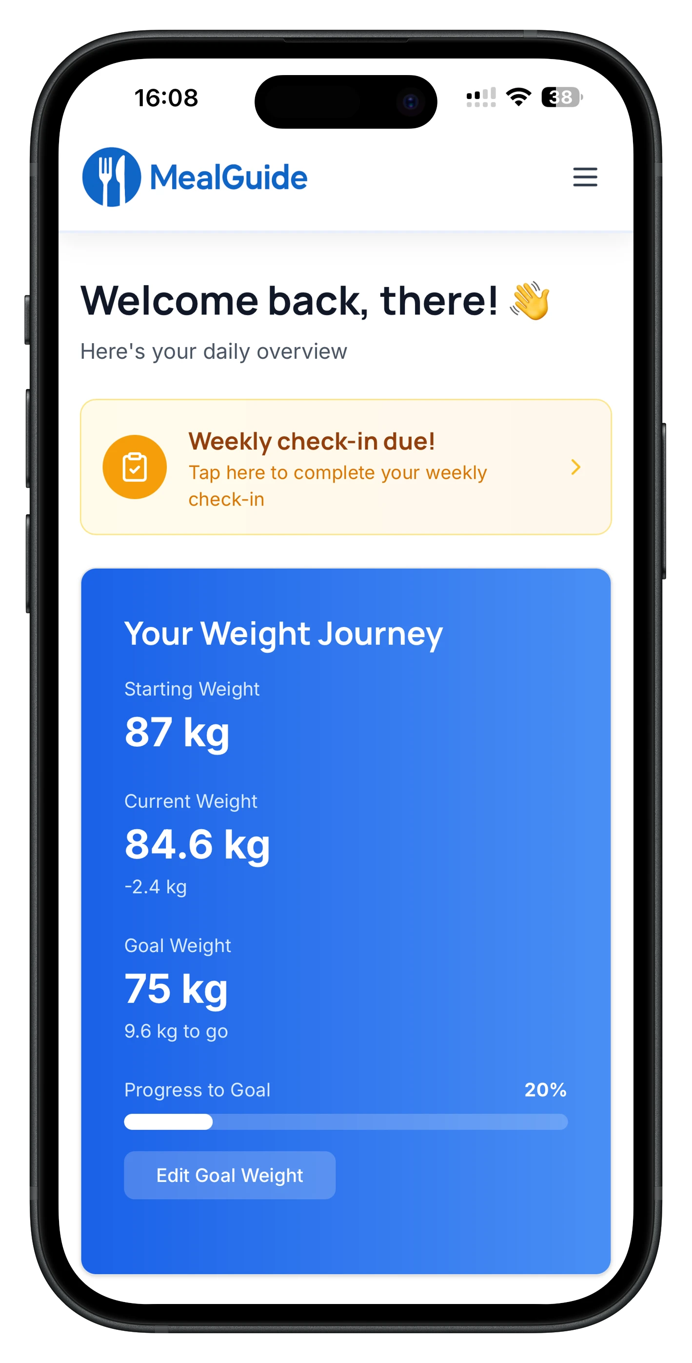 Weight progress showing starting weight, current weight, and goal weight