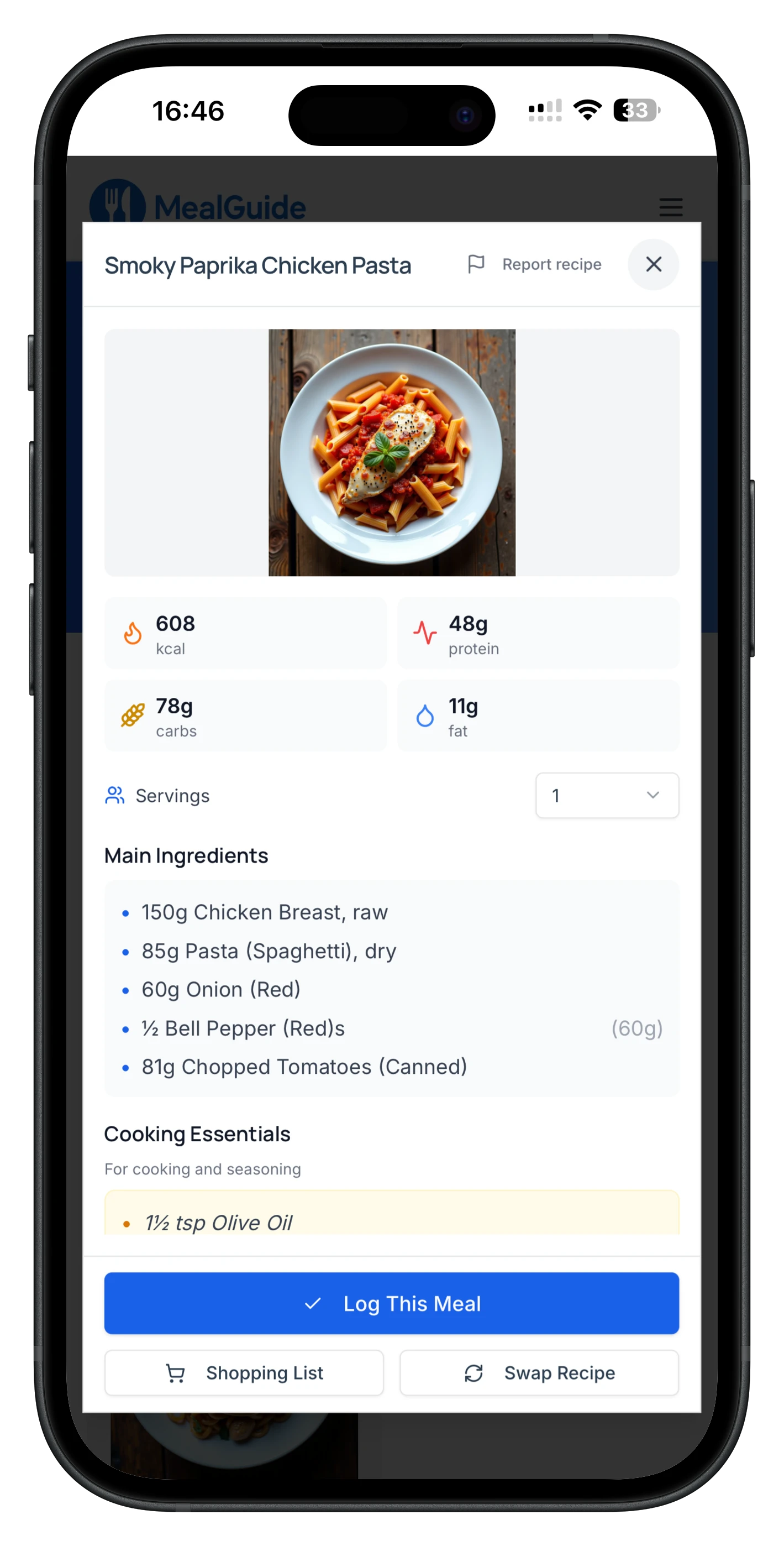 Recipe card with ingredients and portions